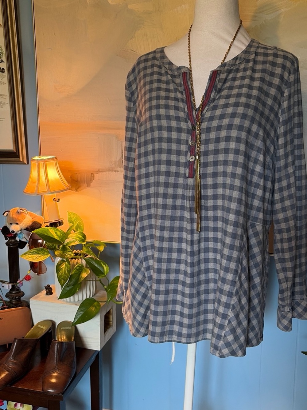 J. Jill Blue and White Gingham Long-Sleeve Peasant Blouse
